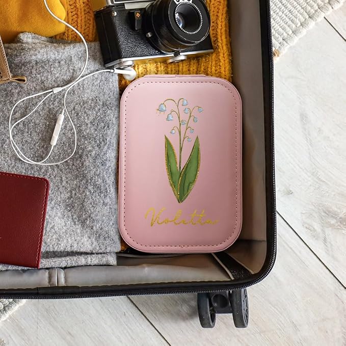 callie Personalized Birth Flower Jewelry Box with Mirror & LED 3 Adjustable Light, Custom Name - Travel Makeup Box Case, Birthday Christmas Gift for Women Girls