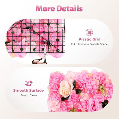 Pink Flower Wall Flower Backdrop Artificial Flower Wall Backdrop 3D Floral Panels for Home Party Wedding Room Decoration 12 Pcs (60x40cm/Deep Pink)