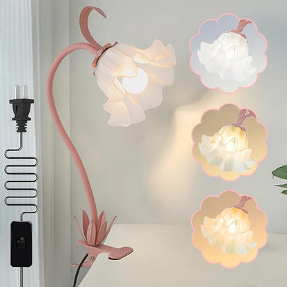 Flower Desk Lamp,LED Reading Light 360°Rotation Clip on Lamps,Vintage Flower Bedside Night Light,3 Colors Modes Book Lights Decor for Bedroom Bed Headboard Office Lighting Home Decoration (Pink)