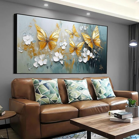 Butterfly Canvas Wall Art, Butterfly and Flower Wall Decor, Butterfly Prints, Abstract Textured Canvas Wall Art, Artwork for Walls, Oil Painting Wall Art, Wall Decor Living Room (Black Frame, *31"x15"|80x40cm)