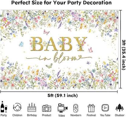 Sensfun Baby in Bloom Backdrop Wildflower Baby Shower Decorations Baby Girl's Watercolor Blossom Floral Butterfly Garden Baby Shower Photography Background Cake Table Banner Party Supplies 5x3ft