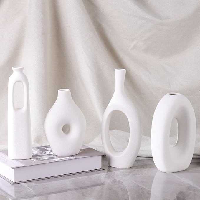 White Ceramic Vase Set of 4 - Round Hollow Boho Vases for Pampas Grass and Flowers Decor, Modern Minimalist Small Vases for Living Room, Bedroom, Fireplace, Coffee Table Decor and Centerpieces
