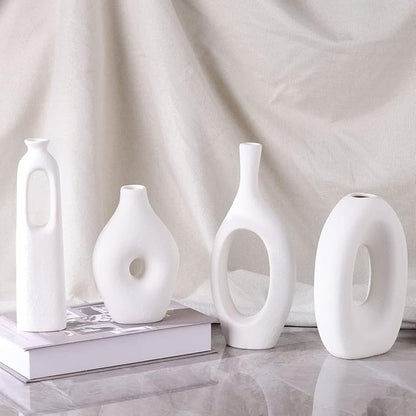 White Ceramic Vase Set of 4 - Round Hollow Boho Vases for Pampas Grass and Flowers Decor, Modern Minimalist Small Vases for Living Room, Bedroom, Fireplace, Coffee Table Decor and Centerpieces