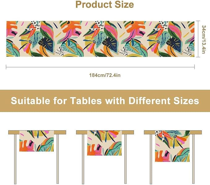 Colorful Flower Table Runner,Abstract Flower Blossom Botanical Pattern Print Tablecloth Burlap for Hotel Indoors Outdoor Dining Room Kitchen Table Decor, 13x60in