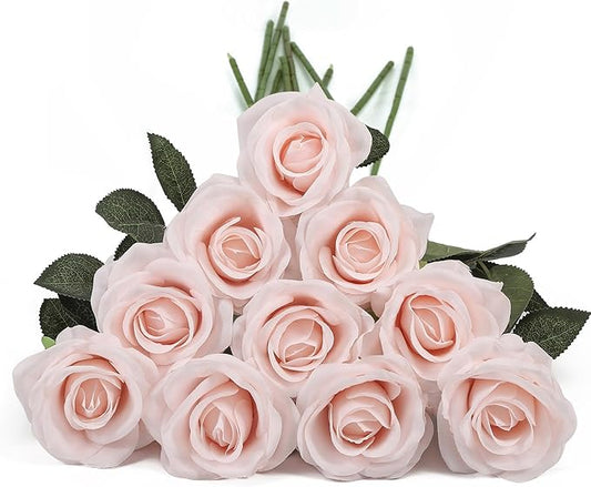 DuHouse 10pcs Fake Roses Artificial Silk Flowers Long Stems Bouquet for Arrangement Wedding Centerpiece Party Home Kitchen Decor(Blush)