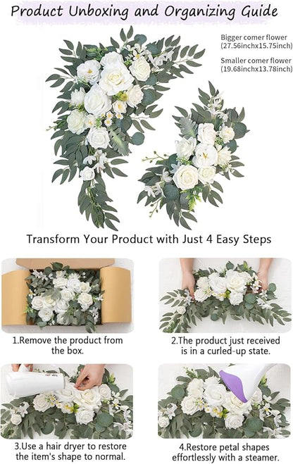 Wedding Arch Faux Flowers Set of 2, Welcome Sign Floral Decoration and Wedding Signs for Ceremony Reception Table Home Decoration (2ps White)
