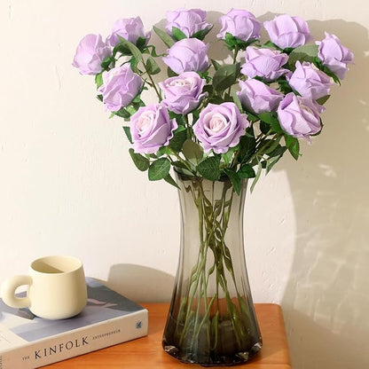 15Pcs Pearl Purple Roses Artificial Flowers Fake Roses Long Stem Velet Rose Silk Flowers for Home Wedding Decoration (Pearl Roses,Purple)