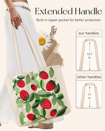 Aesthetic Embroidery Tote Bag for Women - Reusable Canvas Cute Shoulder Bag for Shopping, Grocery, Work, Book