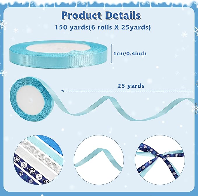 6 Rolls Snowflake Wrapping Ribbon 3/8 Inch x 150 Yards Glitter Christmas Holiday Blue Sliver Winter Ribbons for Christmas Tree Wrapping Decoration Floral Bows (Winter)