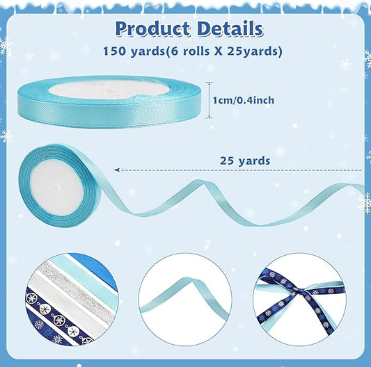 6 Rolls Snowflake Wrapping Ribbon 3/8 Inch x 150 Yards Glitter Christmas Holiday Blue Sliver Winter Ribbons for Christmas Tree Wrapping Decoration Floral Bows (Winter)