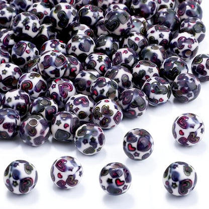 100 PCS 10mm Resin Beads Bulk for Bracelet Making Kit, Heart Printed Round Loose Beads for Jewelry Earring Necklace Rings Art Craft DIY Projects