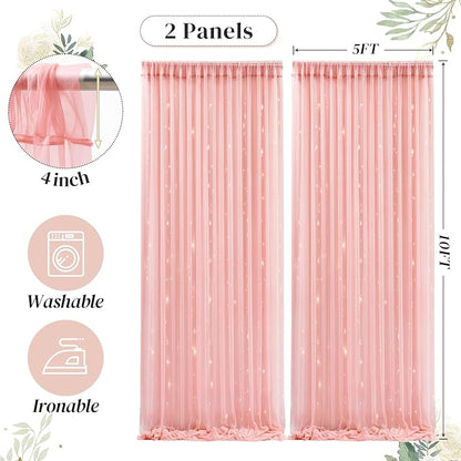 10ft x 10ft Dusty Rose Backdrop Curtain with Lights String for Parties, Sheer Tulle Wedding Photo Backdrops Drapes for Baby Shower Birthday Party Decorations Background for Photography
