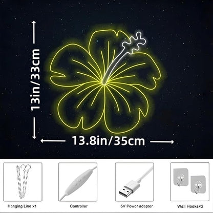 Neon Plumeria Flower Sign, Dimmable Tropical Floral LED Neon Light for Wall Decor, Artistic Flower Wall Art Light Up Sign for Home, Bedroom, Patio, Tiki Bar, Salon, Party Gift USB Powered