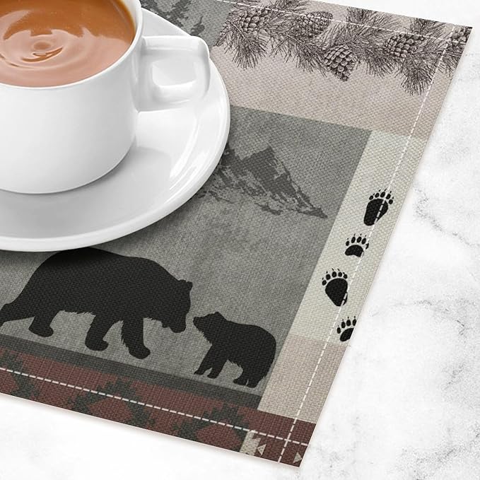 Retro Rustic Lodge Bears Placemats Set of 4, Vintage Cabin Pine Tree Farmhouse Country Style Place Mats, Heat Resistant Non Slip Cotton Linen Dining Table Mats for Home Kitchen 18x12 Inch