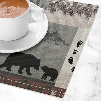Retro Rustic Lodge Bears Placemats Set of 6, Vintage Cabin Pine Tree Farmhouse Country Style Place Mats, Heat Resistant Non Slip Cotton Linen Dining Table Mats for Home Kitchen 18x12 Inch