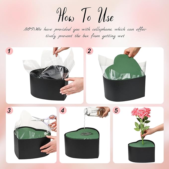 Nuenen Heart Shaped Flower Gift Boxes, Floral Gift Box with Lids Floral Foam Clear Cellophane 9.8 x 9 x 5 Inches for Birthday Wedding Proposal Packaging Arrangements(Black)