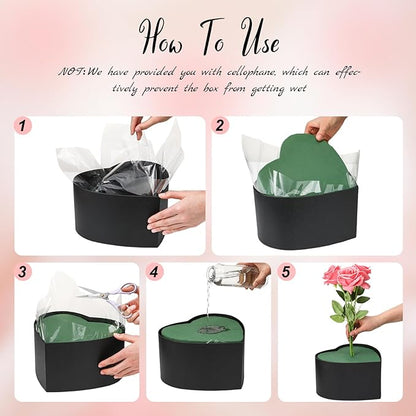 Nuenen Heart Shaped Flower Gift Boxes, Floral Gift Box with Lids Floral Foam Clear Cellophane 9.8 x 9 x 5 Inches for Birthday Wedding Proposal Packaging Arrangements(Black)