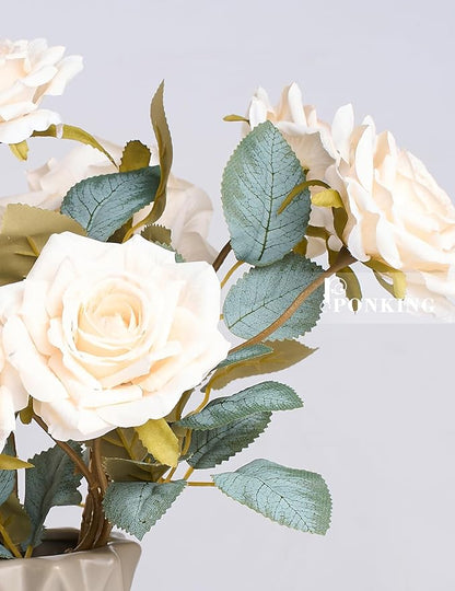 3.1"(8cm) Manta Rose Artificial Flower 7pcs Realistic Faux Silk Roses Fake Flowers Bouquets Arrangements Decor for Wedding Spring Mother's Day, Home Table Decorations, Beige Flower