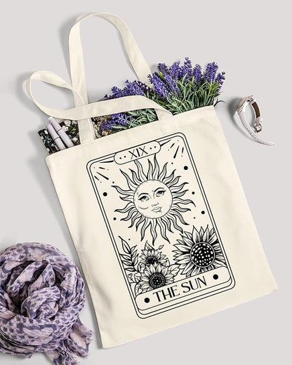 AUSVKAI Canvas Tote Bag Aesthetic for Women, Cute Sun Moon Cotton Totes Bag for Grocery Beach Shopping Gifts