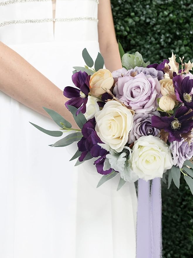 Rinlong Wedding Bouquet for Bride 11" Violet Purple Bridal Bouquets Artificial Flowers Purple Silk Wedding Proposal Bouquet