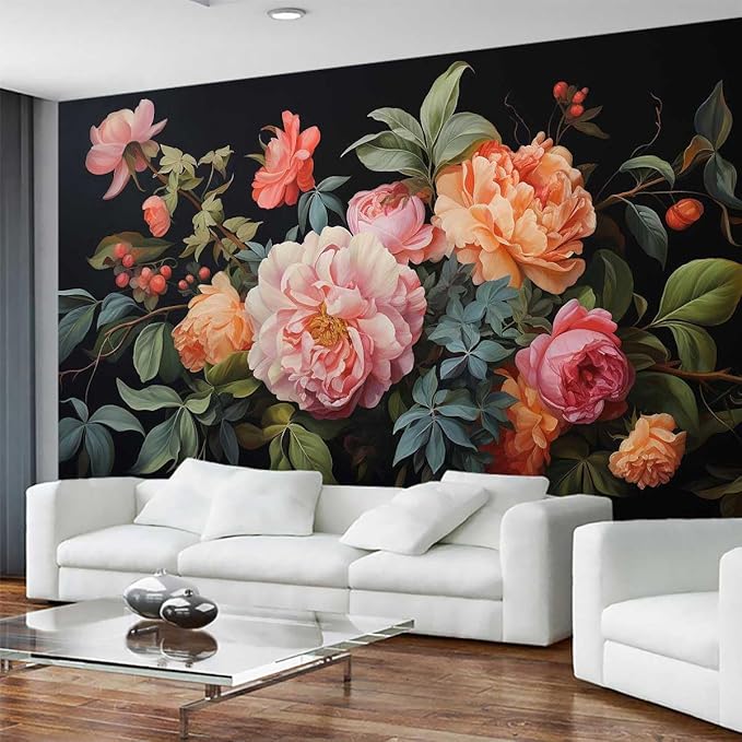 Watercolor Seamless Black Background Floral Pattern Wallpaper, Large Wall Background Decorative Wall murals(Non-self-Adhesive)
