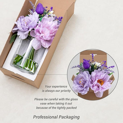 WELL KNOWN Artificial Flowers in Glass Vase with Fake Water, Silk Peony Fake Tulip Bouquet for Home Dinning Tea Table, Office Desktop, Hotel, Wedding, Party, Lavatory Decor & Gift (Lavender Purple)