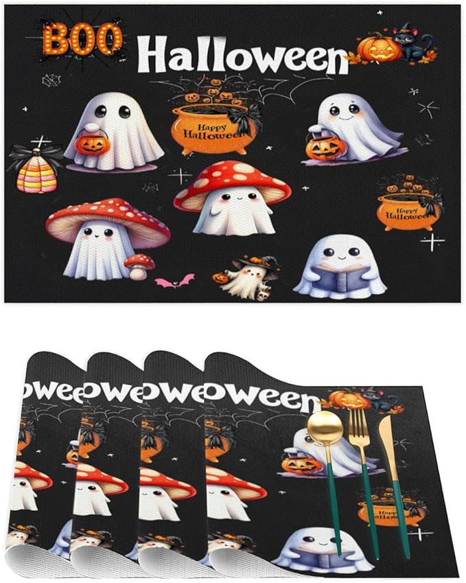 Halloween Ghosts Pumpkin Cute Placemats Set of 6 PVC Vinyl Non Slip Table Mats Heat Resistant Place Mats Washable Wipeable Dining Table Mat for Kitchen Decor Party Indoor Outdoor Decorative Gift