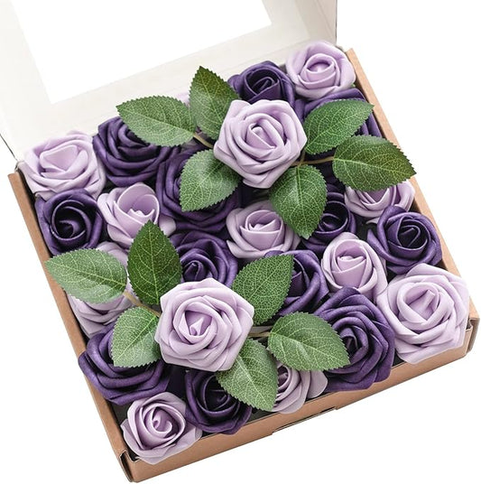 Ling's moment Artificial Wedding Flowers 1.5" Rose Buds and 2" Petite Roses 25pcs Lilac & Purple w/Stem for DIY Wedding Boutonniere Wrist Corsages Bouquets Centerpieces Arrangements