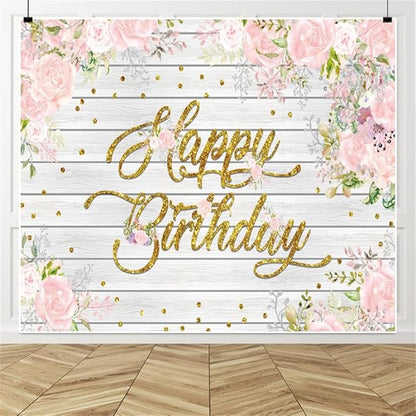 Rustic Wood Flower Happy Birthday Backdrops, 10x8ft, Pink Floral Birthday Photography Backgrounds Sign Banner Party Decorations for Girl Women