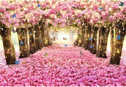 Renaiss 12x10ft Pink Cherry Blossom Backdrop Fairy Tale Romantic Pink Flowers Tree Butterfly Floral Petal Falling Boulevard Photography Background for Wedding Newborn Party Decor Photo Props