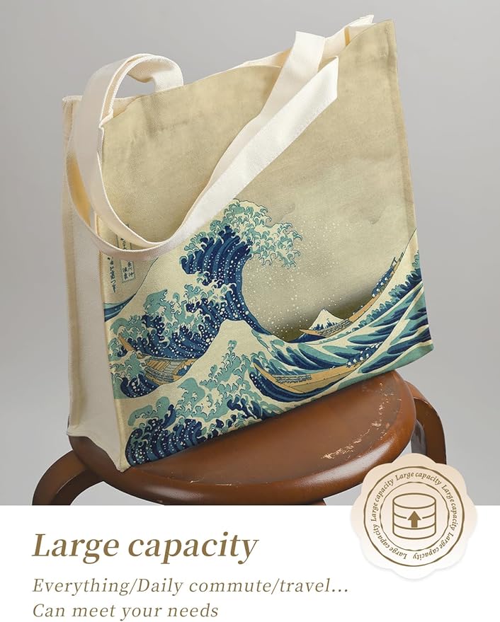 AUSVKAI Canvas Tote Bag Aesthetic for Women, Cute Reusable Bags with Pockets & Snaps for Beach Shopping College Gym Grocery