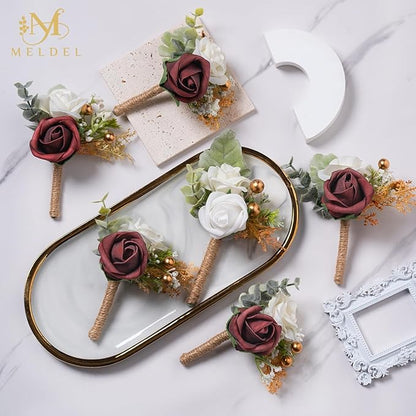 Meldel Boutonniere for Men Wedding,Set of 6,Groom and Groomsman Boutonniere for Wedding,Greenery Rose Corsage for Men Ceremony Anniversary Party Prom Homecoming,Burgundy White