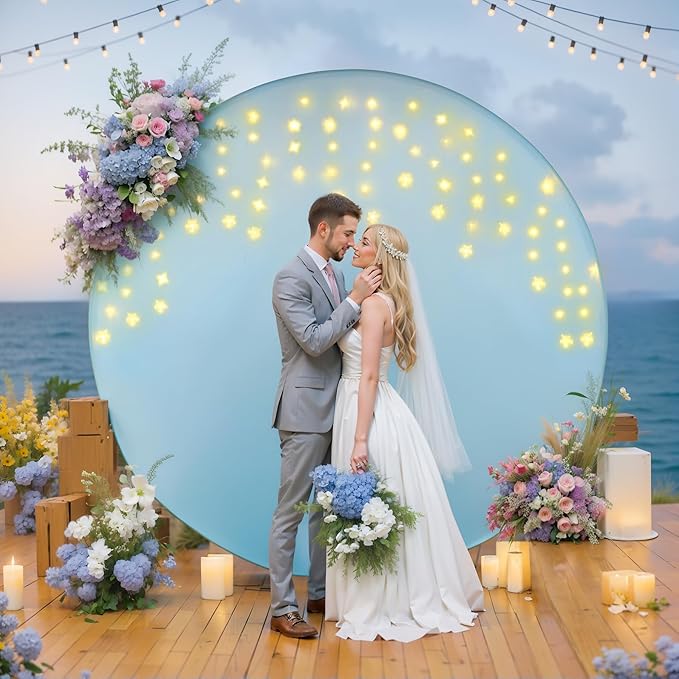 7.2 FT Baby Blue Round Backdrop Cover with Lights String for Circle Arch Stand, Circle Backdrop Covers with LED Fairy Lights for Wedding Baby Shower Boy Birthday Party Photo Shoot Background