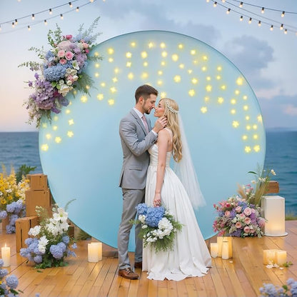 6.6 FT Baby Blue Round Backdrop Cover with Lights String for Circle Arch Stand, Circle Backdrop Covers with LED Fairy Lights for Wedding Baby Shower Boy Birthday Party Photo Shoot Background