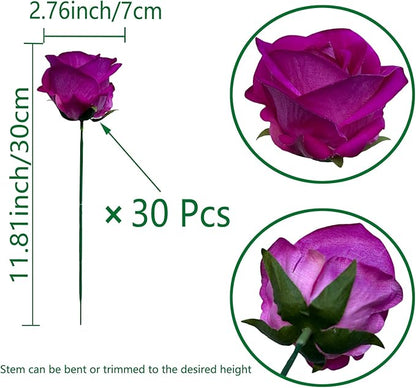 FagusHome 30 Pcs Silk Rose Artificial Flowers Roses Bulk Bouquet Fake Flowers Rose Heads with Stems for Home Wedding Decor (Purple)
