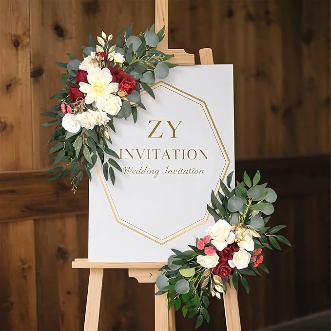 Artificial Wedding Arch Flowers (Pack of 2) White Wedding Flowers for Wedding Welcome Ceremony Sign Faux Floral Swags, Banquet and Reception Backdrop Floral Decoration (White & Red)