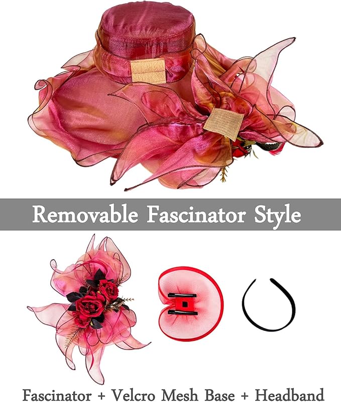 Organza Derby Hats for Women Wide Brim Fascinator Hat Rose Flower Wedding Tea Party Hat
