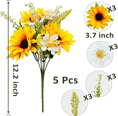 5 Bunches Artificial Sunflowers Bouquets, Fake Silk Sunflower with Faux Daisy Wildflowers Plants for Home Decor Indoor Floral Arrangements Table Centerpiece Bridal Wedding Decor (Orange)