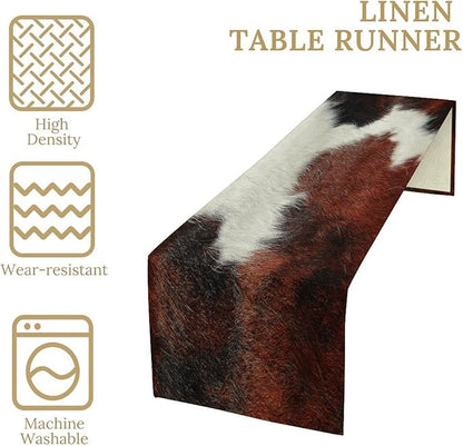 Cow Skin Print Table Runner, Rustic Country Farmhouse Animal Fur Skin Western Farm Black Brown Cowhide Print Dinner Runner Table Decoration for Home Kitchen Dining 13x60in