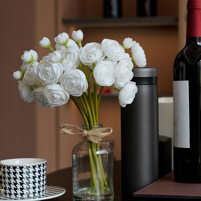 Ranunculus Artificial Flowers with Vase, 2 Pack - 8 Pcs Faux Silk Ranunculus Flower in Vase, Small Flowers Arrangements for Home Decor Indoor, Table Centerpiece. (White)