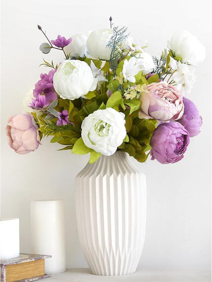 FiveSeasonStuff Artificial Peonies Bouquet – Set of 2 Whimsical Lavender Bliss Silk Flowers, Purple and White Blooms, Multiple Stems per Main Stem, for Weddings, Home Decor, DIY Floral Arrangements