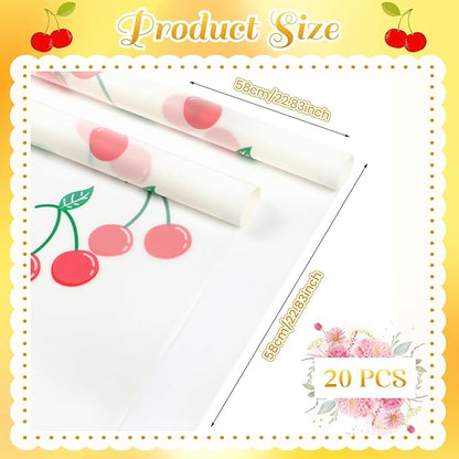 Liobelon 20 Sheets Flower Wrapping Paper Waterproof Bouquet Paper with Cherry Pattern White Gift Wrapping Paper for Flower Shop, Wedding, Birthday Party, Handmade DIY, Anniversary 22.8 x 22.8 Inch
