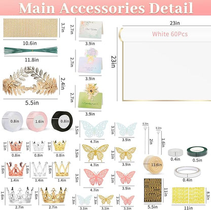 260Pcs Flower Bouquet Wrapping Paper Kit, 60 Sheets White Waterproof Paper, 36 Butterflies, 8 Crowns, 1 Headband, 4 Ribbons, 15 Cards, 100 Diamond Pins, 30 Floral Wire, 3 Stickers, 3 Tapes (White)