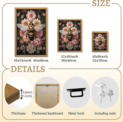 LLEEMPI William Morris Wall Art, Vintage Bee Floral Wall Decor, Insect Flower Canvas Painting, Abstract Nature Botanical Poster Print for Living Room Bedroom Kid Room Hallway Wood Framed 8x10 inch