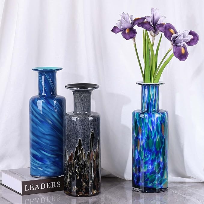 Hand Blown Glass Vase Teal Mosaic – Blue Green Art Glass Vase with Wide Mouth, Murano Style Bubble Vase, Unique Coastal Glass Decor for Dining Table, Living Room, Entryway or Beach Home Accent (Green)