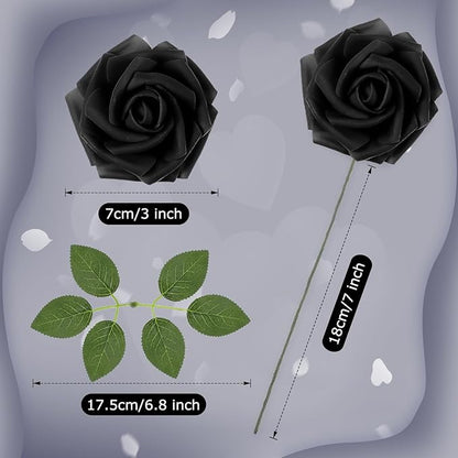 100 Pieces Artificial Foam Rose Flowers Faux Bouquet with Leaves and Stems for DIY Wedding Bouquets Centerpieces Bridal Shower Party Valentine Home Decorations(Black)