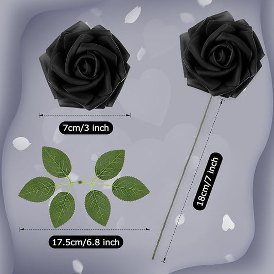 100 Pieces Artificial Foam Rose Flowers Faux Bouquet with Leaves and Stems for DIY Wedding Bouquets Centerpieces Bridal Shower Party Valentine Home Decorations(Black)