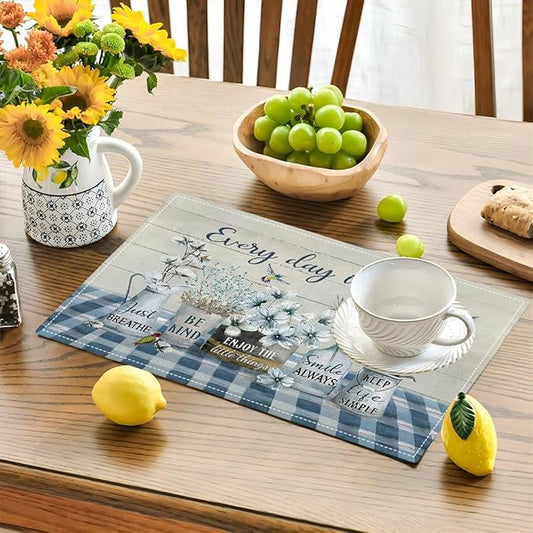Farmhouse Spring Flower Placemats Set of 6 Every Day is A Gift Rustic Floral Double-Sided Table Mats for Dining Room Home Party Indoor 6 PCS 12x18 Inch