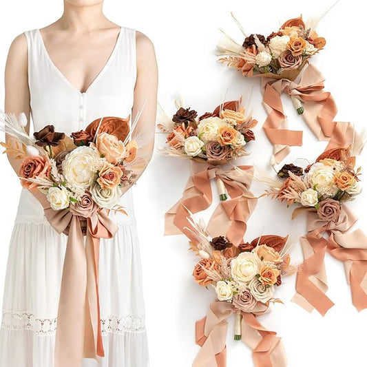Ling's moment Artificial Flowers Boho Bridesmaid Bouquet Set of 4, Rust Wedding Flowers Bouquets for Bridesmaids, 7 Inch Bridal Bouquets for Bridesmaids, Wedding Decor, Ceremony, etc