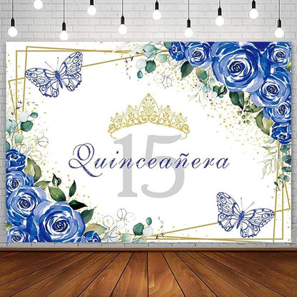 SENDY 10x7ft Quinceañera Backdrop Mis Quince 15 Anos Birthday Party Decoration Supplies for Girl Princess Royal Blue Floral Butterfly Gold Crown Photography Background Banner Photo Booth Studio Props